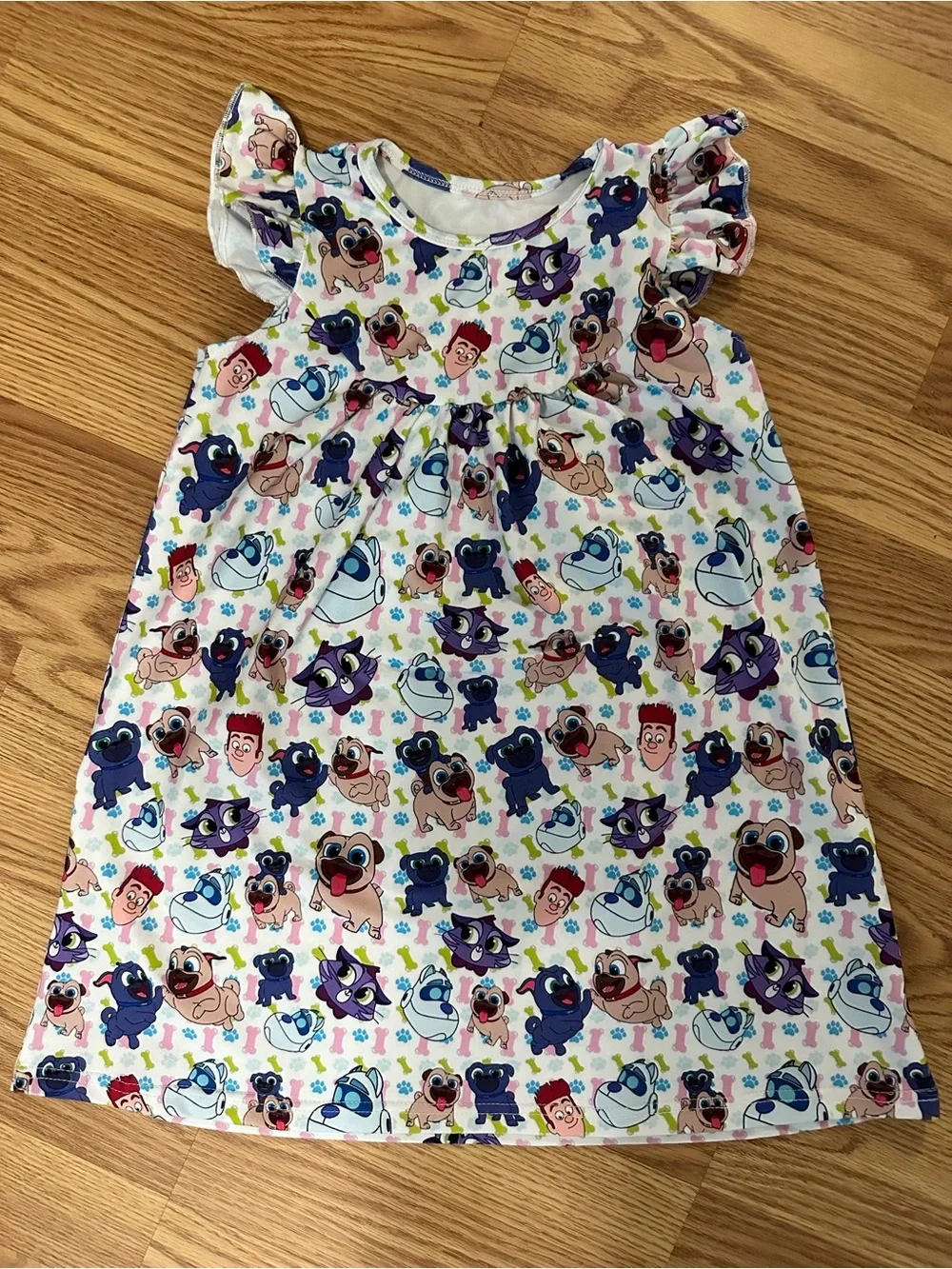 Girls' Cartoon Dog Puppy Dog Pals Print Flutter Sleeve Dress -